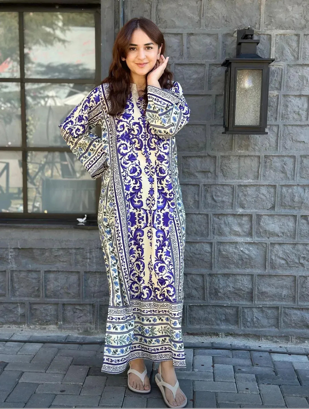 Long Printed 2PC Doria Lawn Suit Blue White