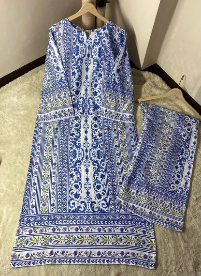 Long Printed 2PC Doria Lawn Suit Blue White