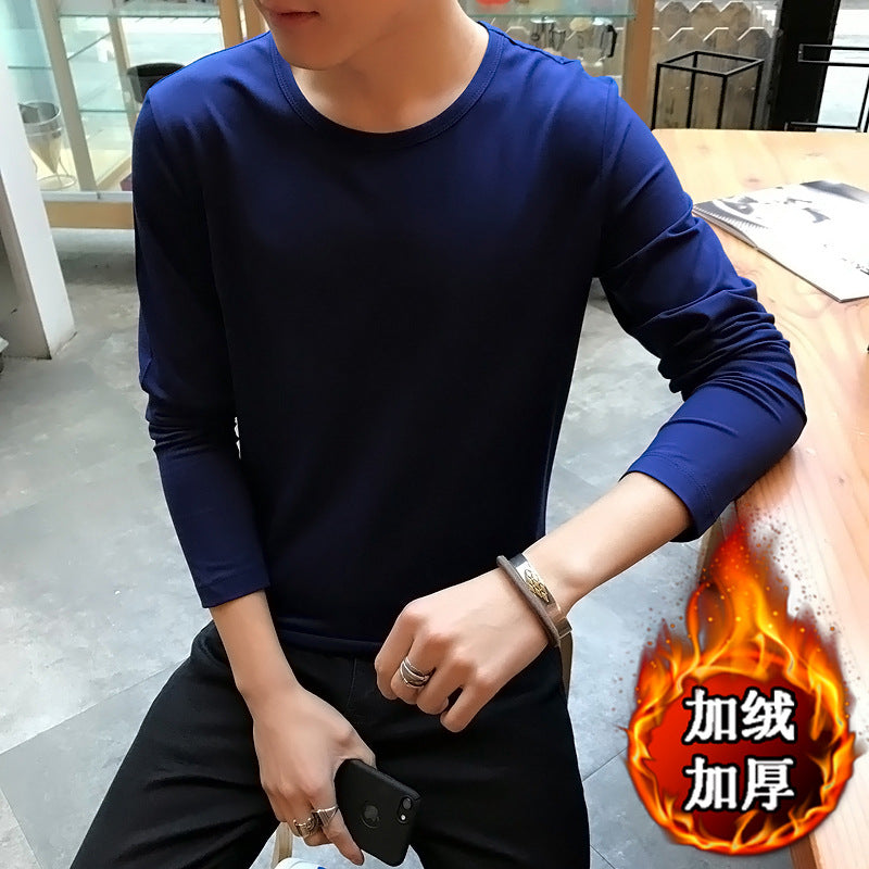 Men Fleece Winter Grey Long Sleeve T-Shirt Thickened Round Neck