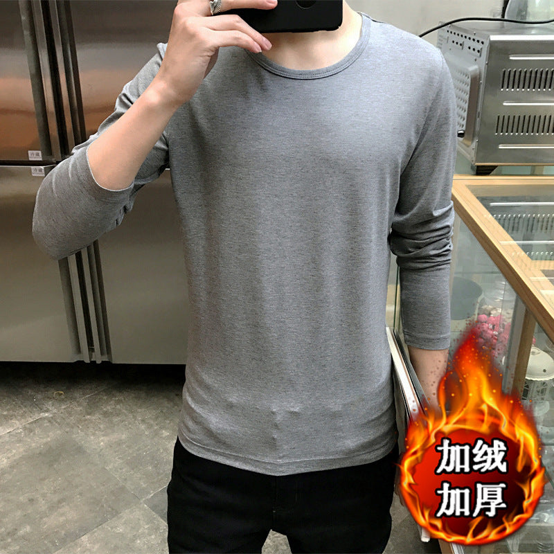 Men Fleece Winter Grey Long Sleeve T-Shirt Thickened Round Neck