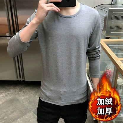 Men Fleece Winter Grey Long Sleeve T-Shirt Thickened Round Neck