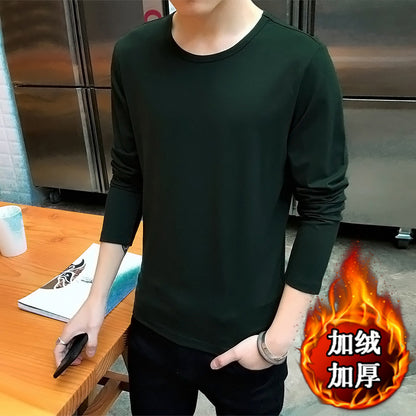 Men Fleece Winter Grey Long Sleeve T-Shirt Thickened Round Neck