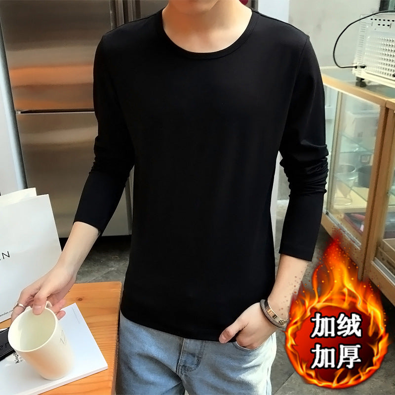 Men Fleece Winter Grey Long Sleeve T-Shirt Thickened Round Neck