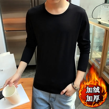 Men Fleece Winter Grey Long Sleeve T-Shirt Thickened Round Neck