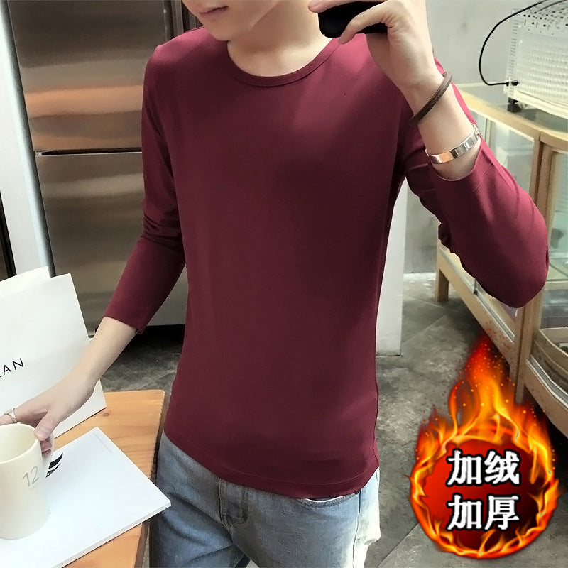 Men Fleece Winter Grey Long Sleeve T-Shirt Thickened Round Neck