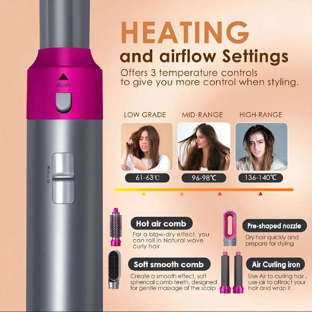 5-in-1 Hair Styler Pink Silver Frizz Free