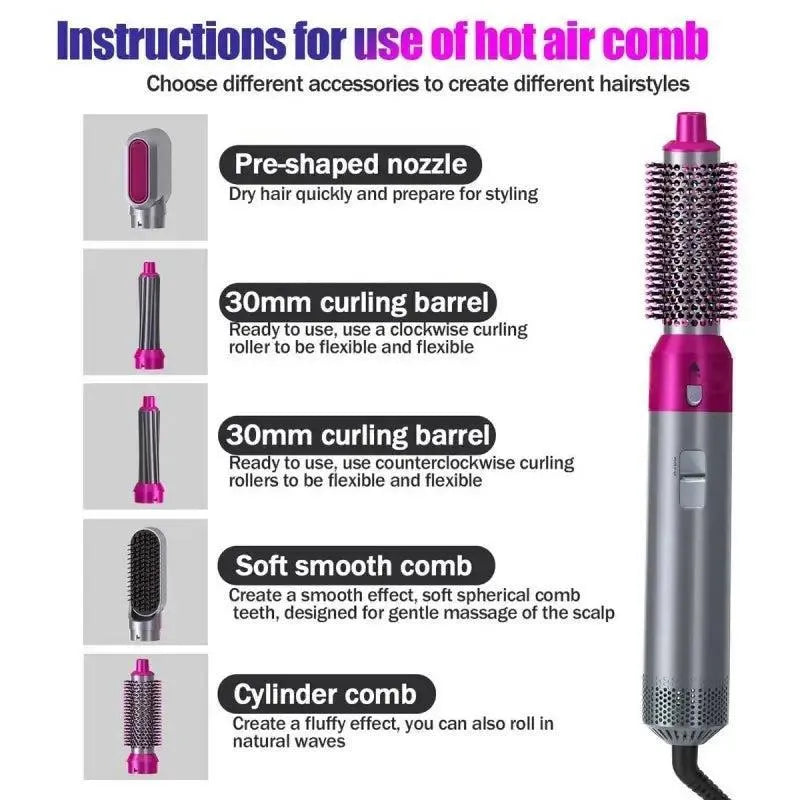 5-in-1 Hair Styler Pink Silver Frizz Free