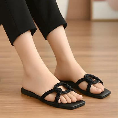 Women's Black Rexine Fancy Flats Size 36-41