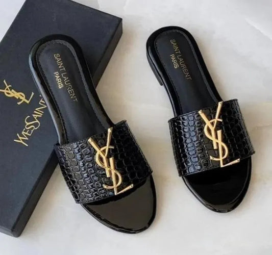 Women's Black Rexine Fancy Slides with Gold Logo, Sizes 6-11