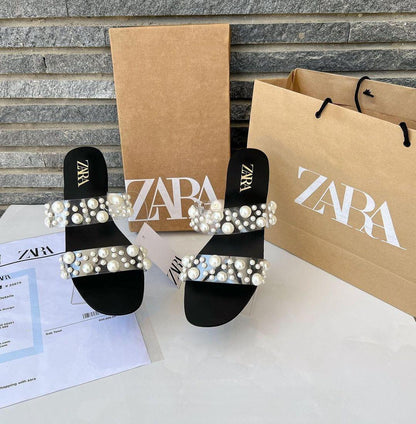 Black Synthetic Leather Women's Fancy Flats with Pearl Embellishments