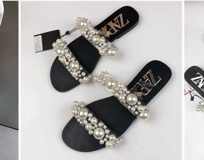 Black Synthetic Leather Women's Fancy Flats with Pearl Embellishments