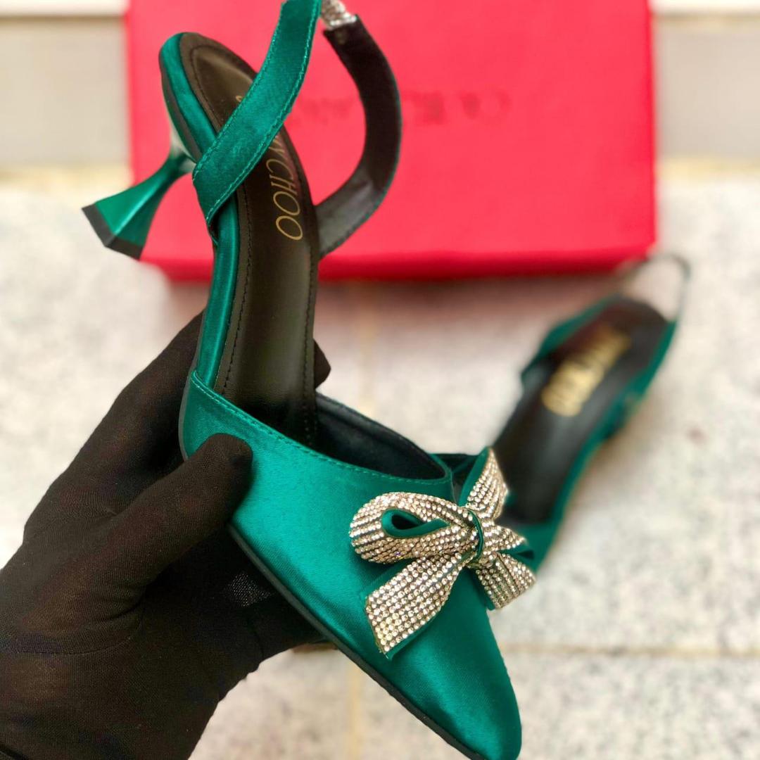 Green Synthetic Leather Heels for Women with Rhinestone Bow