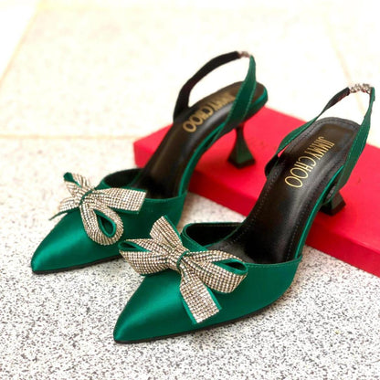 Green Synthetic Leather Heels for Women with Rhinestone Bow