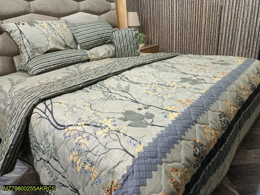 Cotton Printed Double Bed Comforter Set Green Yellow Floral