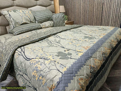 Cotton Printed Double Bed Comforter Set Green Yellow Floral