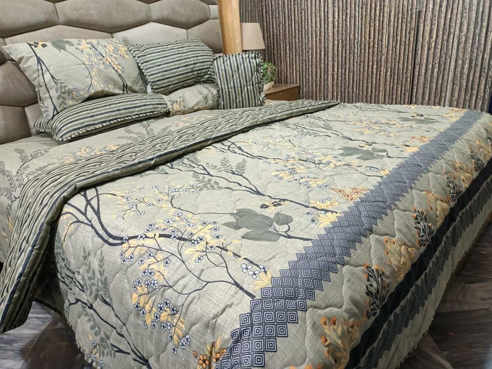 Cotton Printed Double Bed Comforter Set Green Yellow Floral