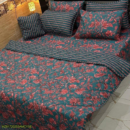 7-Piece Cotton Floral Comforter Set Teal Red