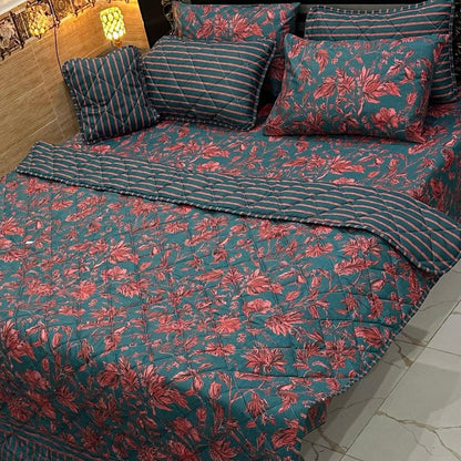 7-Piece Cotton Floral Comforter Set Teal Red