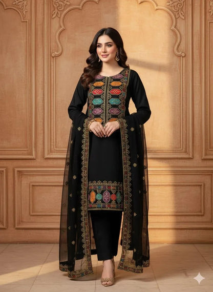 Black Sequin Embroidered 3-Piece Suit for Women