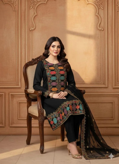 Black Sequin Embroidered 3-Piece Suit for Women