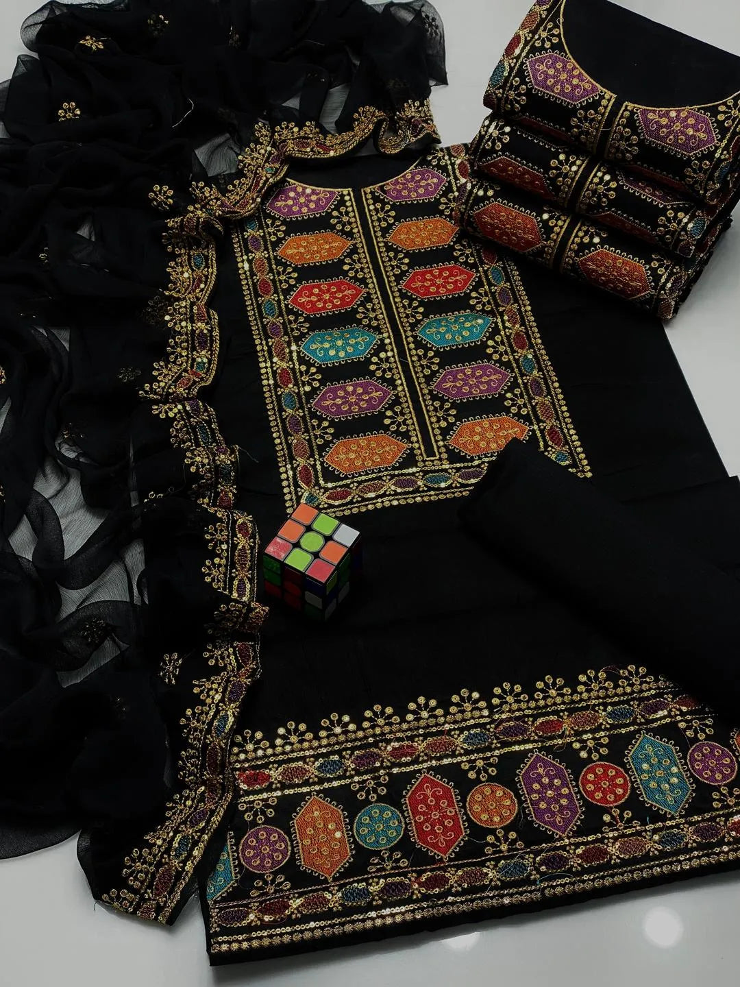 Black Sequin Embroidered 3-Piece Suit for Women