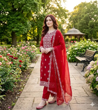 Red Chikankari Lawn 3Pcs Embroidered Suit