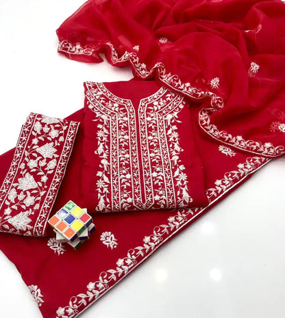 Red Chikankari Lawn 3Pcs Embroidered Suit