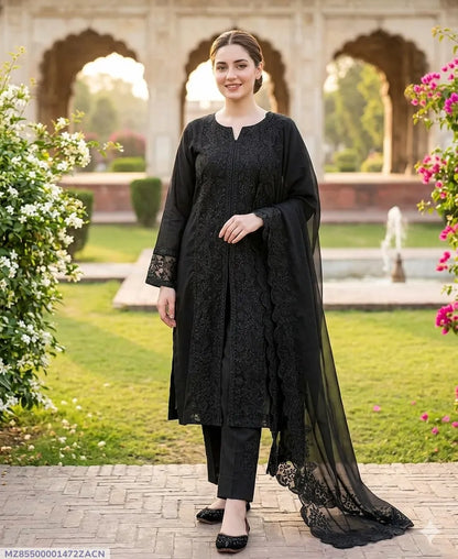 Black Chikankari 3-Piece Women's Suit with Chiffon Dupatta