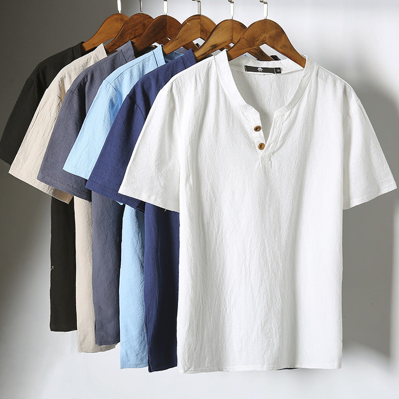 Men Linen Henley Shirt White Summer Retro