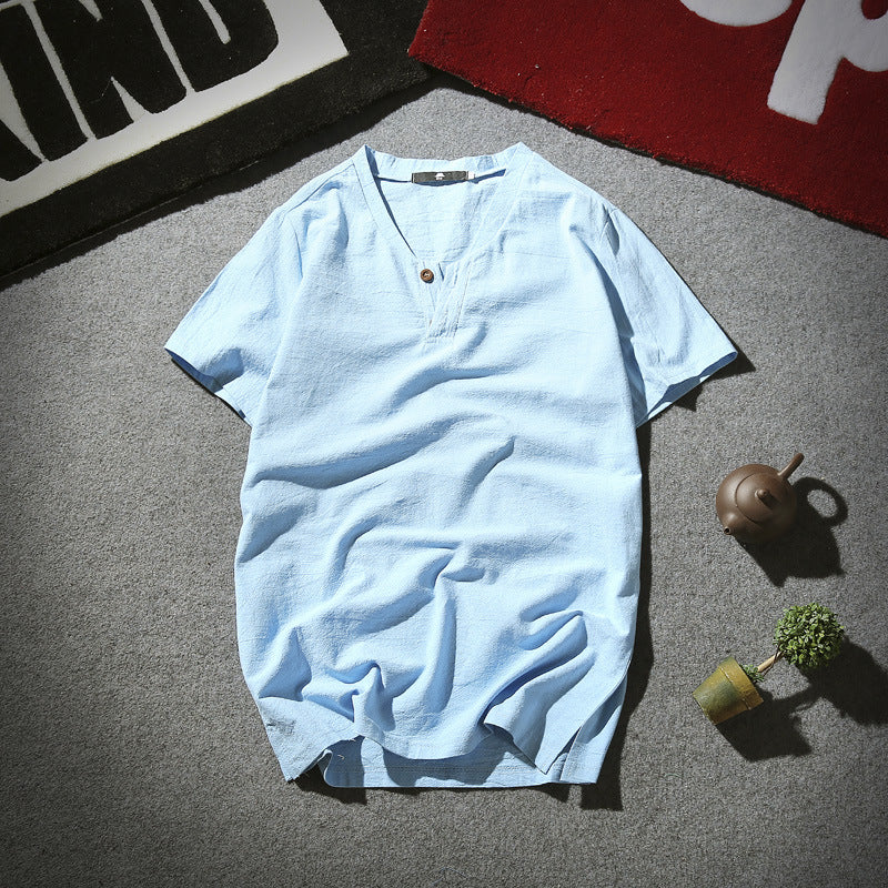 Men Linen Henley Shirt White Summer Retro