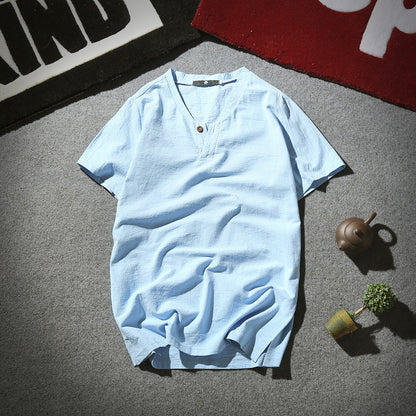 Men Linen Henley Shirt White Summer Retro