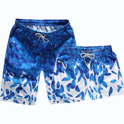 Men Blue Leaf Print Quick-Dry Beach Shorts