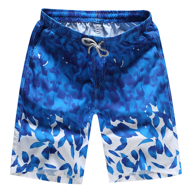 Men Blue Leaf Print Quick-Dry Beach Shorts
