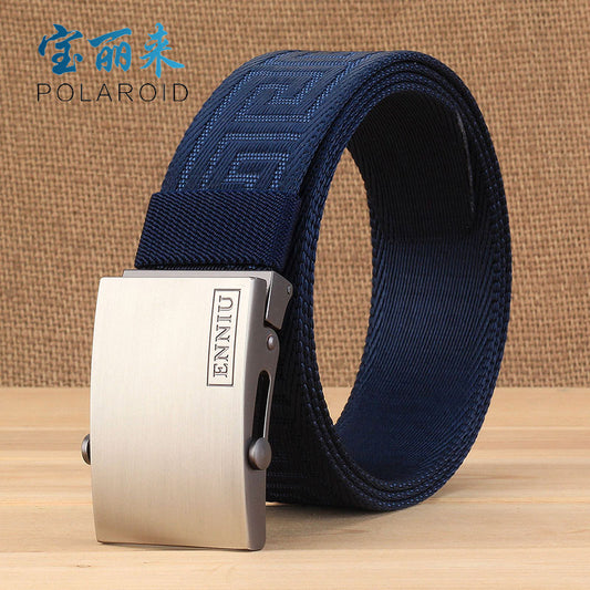 Men Nylon Canvas Belt Korean Buckle Navy Blue
