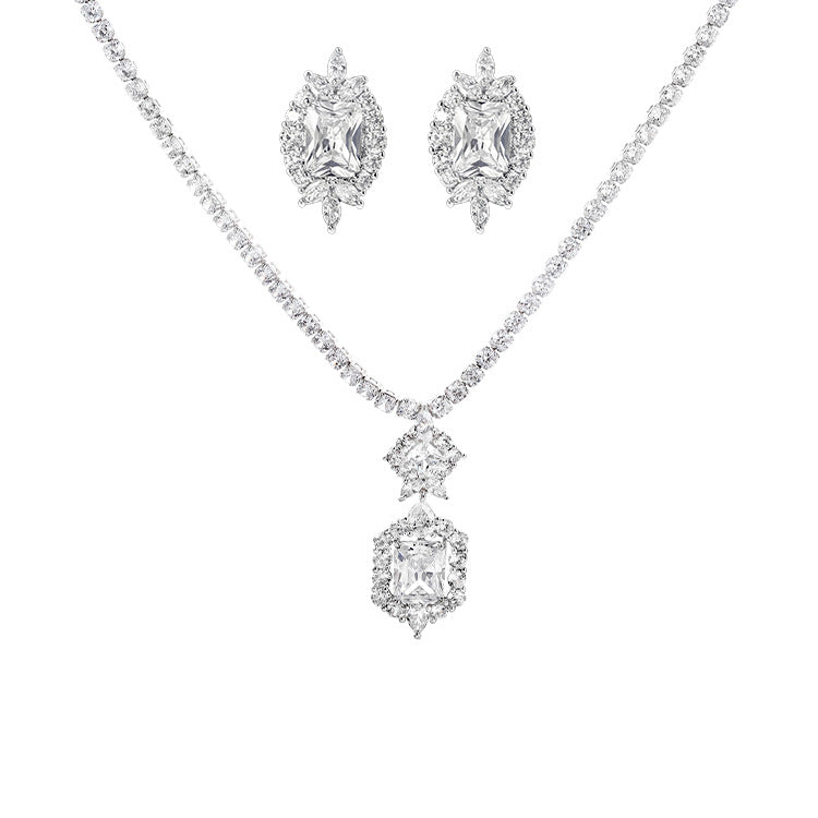 Zircon Necklace & Earrings Set Champagne Gold Bridal Wear