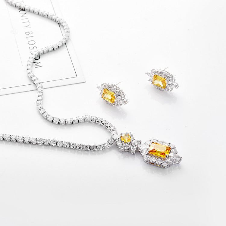 Zircon Necklace & Earrings Set Champagne Gold Bridal Wear