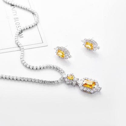 Zircon Necklace & Earrings Set Champagne Gold Bridal Wear