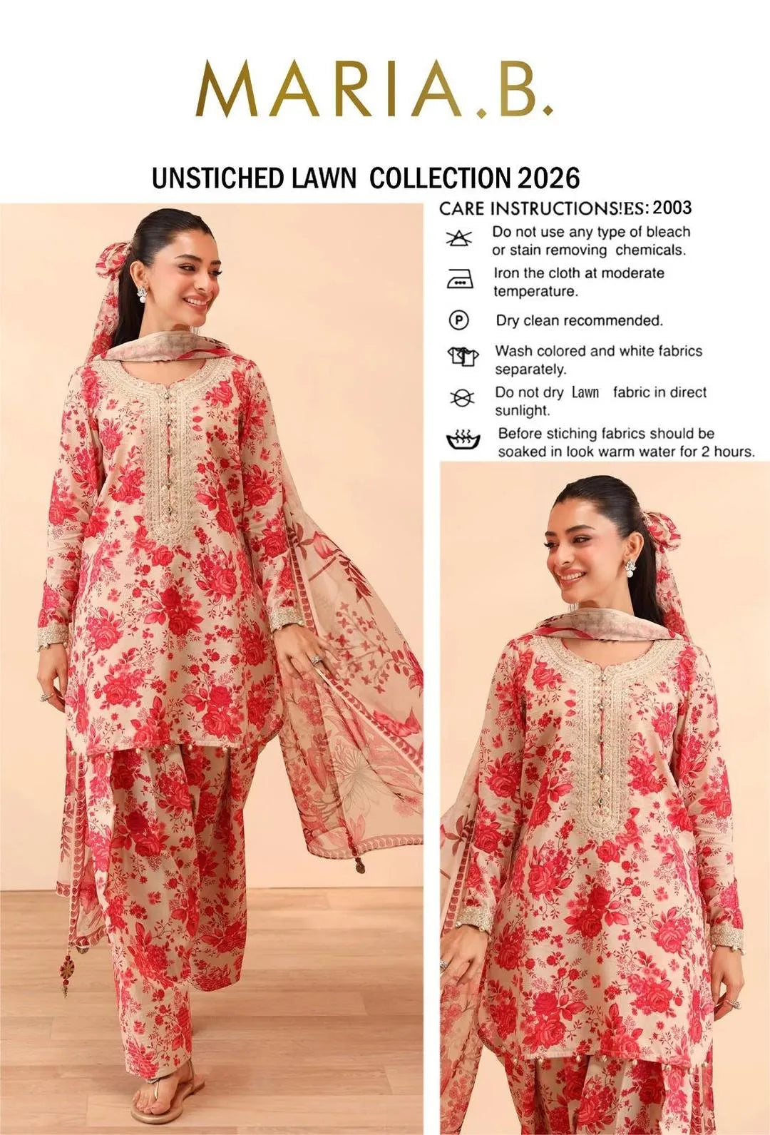 Maria B. Unstitched Lawn Suit Red Floral 2026