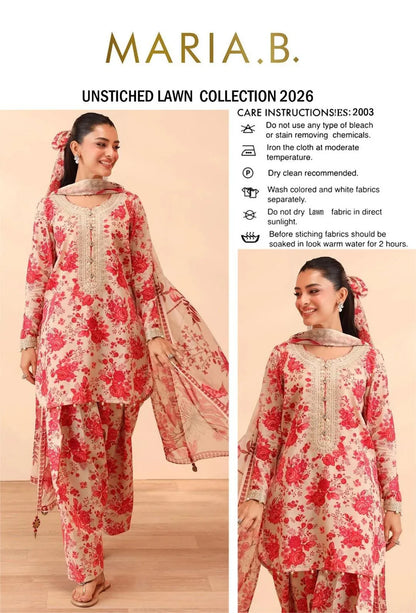 Maria B. Unstitched Lawn Suit Red Floral 2026