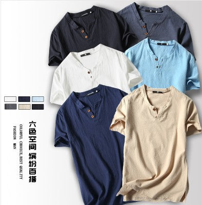 Men Linen Henley Shirt White Summer Retro