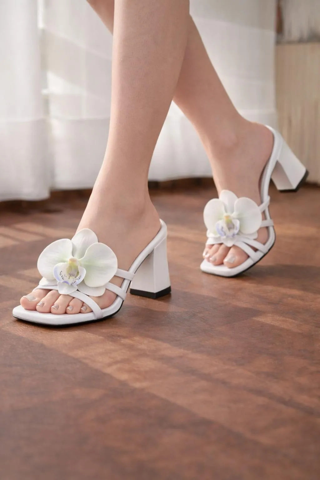 White Floral Block Heels for Women