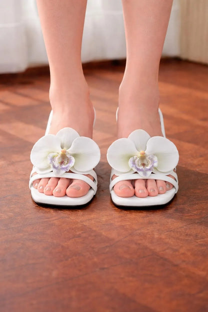 White Floral Block Heels for Women
