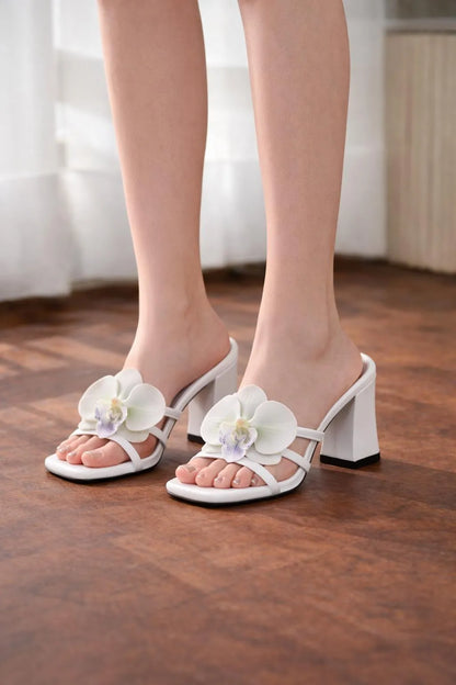 White Floral Block Heels for Women