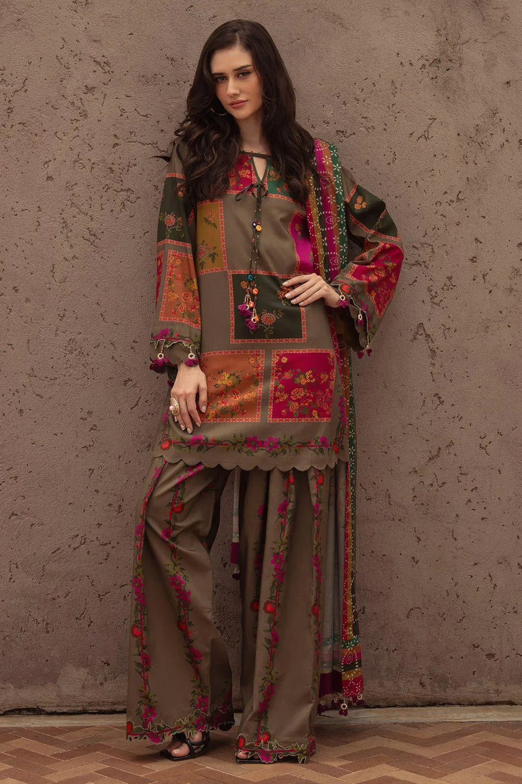 3-Piece Printed Lawn Suit Brown Floral Eid Wear