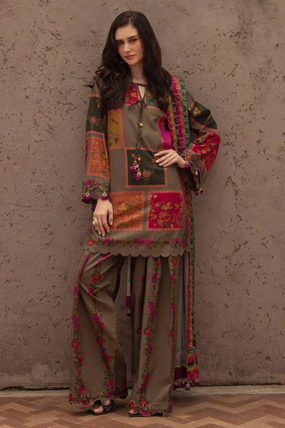 3-Piece Printed Lawn Suit Brown Floral Eid Wear
