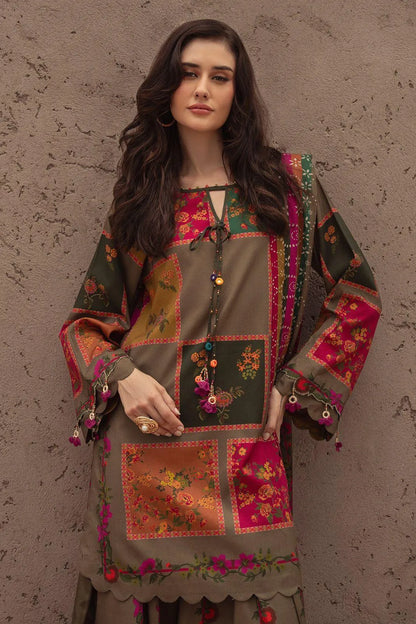 3-Piece Printed Lawn Suit Brown Floral Eid Wear