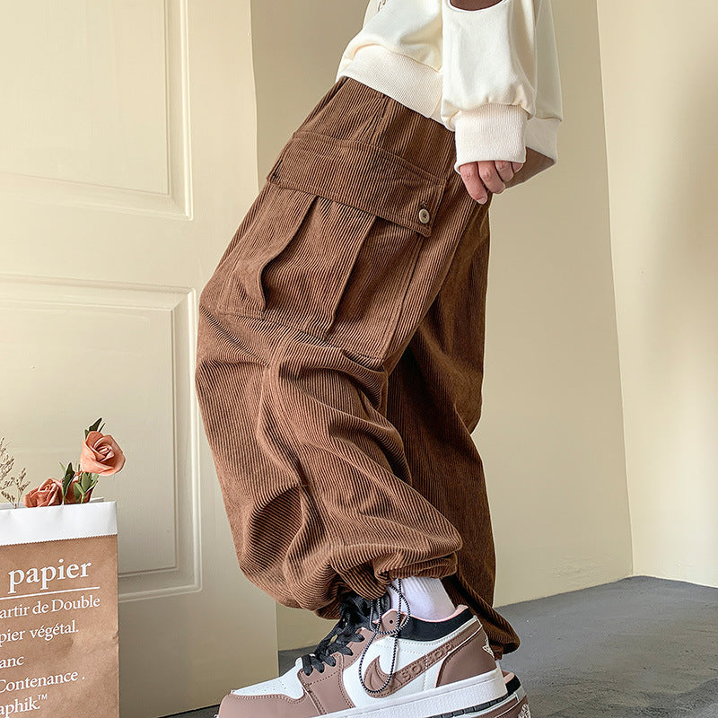 Men Corduroy Pants M-Green Loose Fit Autumn