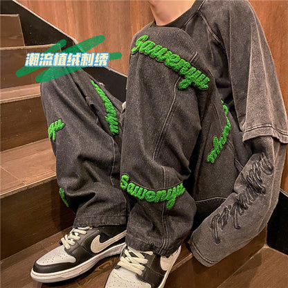 Men Embroidered Washed Vintage Jeans Straight Fit