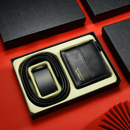 Men Leather Belt Wallet Set Black Automatic Buckle Gift Box