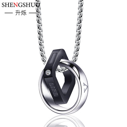 Men Double Ring Titanium Steel Necklace Silver Chain 60cm